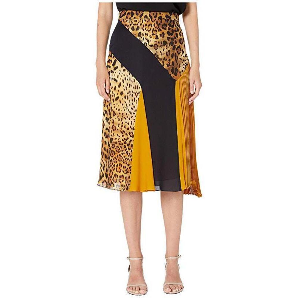 Women's Cushnie Leopard Colorblock Silk MIDI Skirt, Size 10 - Beige
